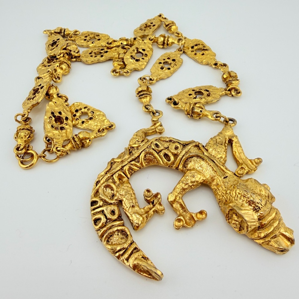 Massive VTG 80s Runway Lizard Necklace - 112g Molten Gold Style - Heavy Couture